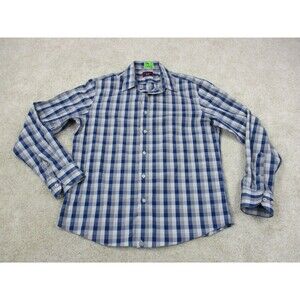 UNTUCKit Shirt Mens Medium Blue Gray Check Wrinkle Free Cotton Casual Button Up*